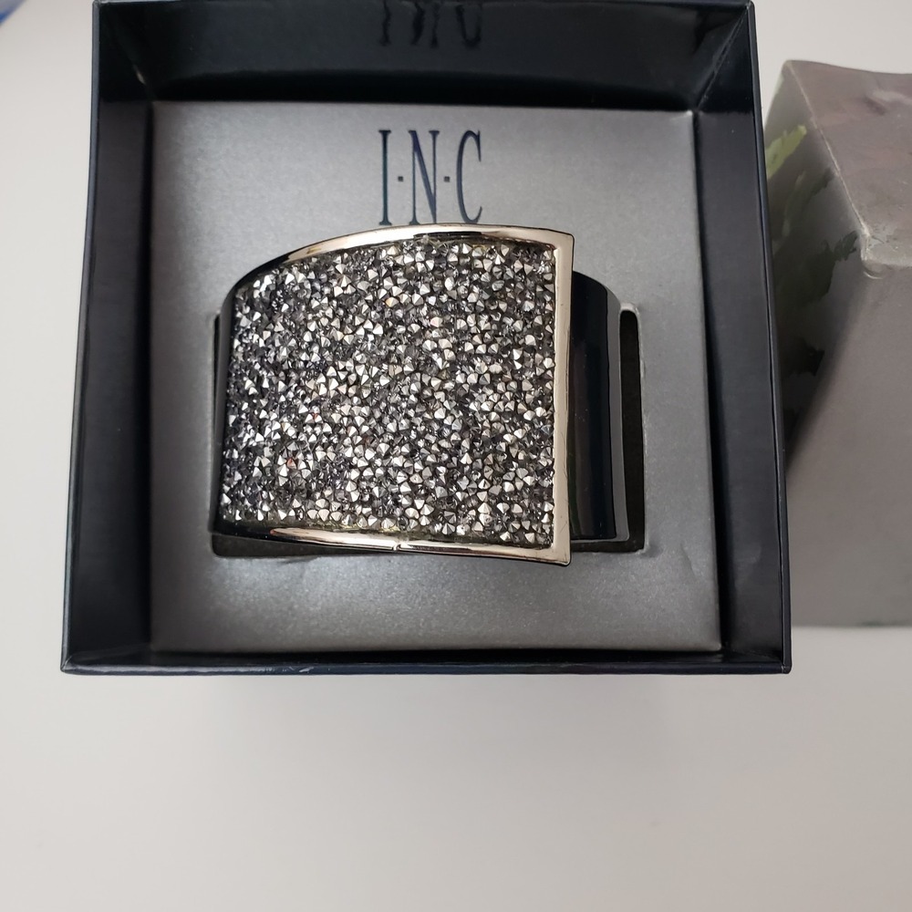 INC International Concepts Clamper Bracelet Silver Tone Black Crystals With Box